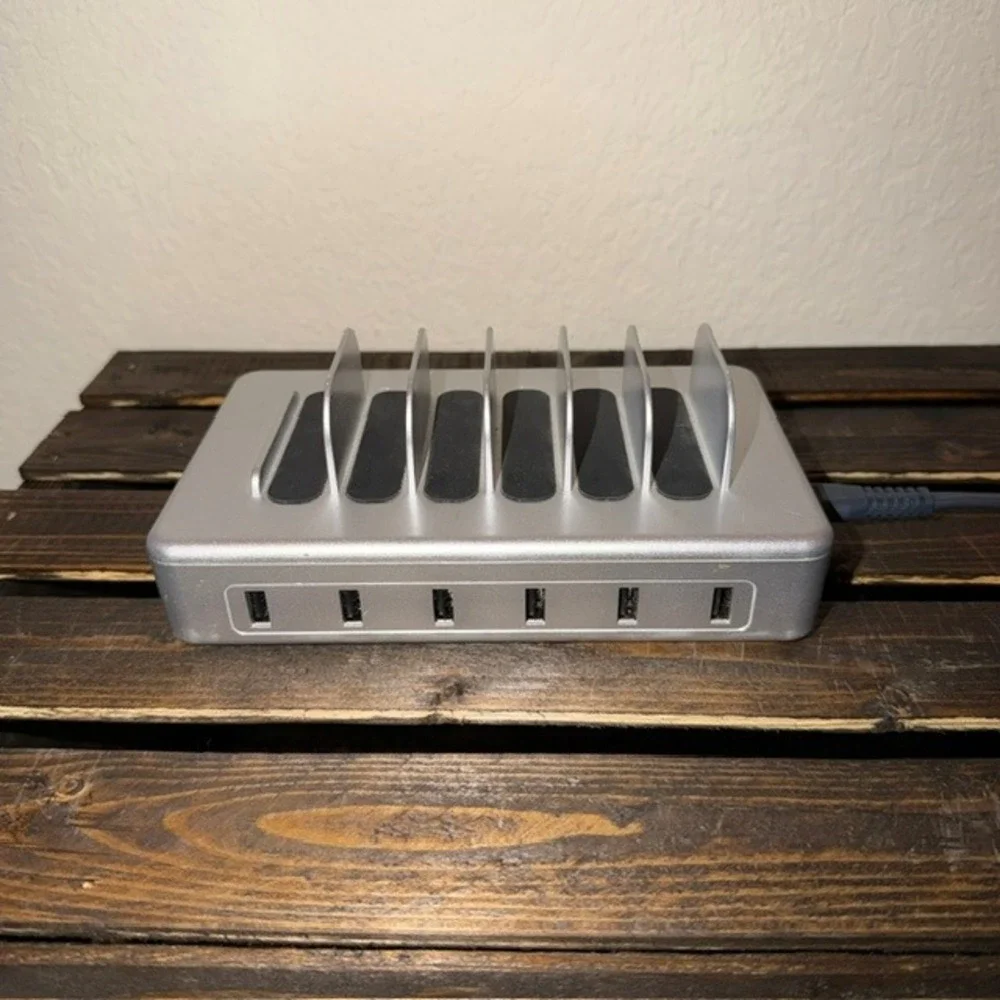 Silver 6 Port USB Charging Station Dock Organizer for Multiple Devices Hub